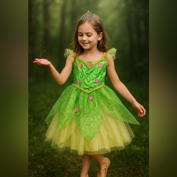 Disney TinkerBell Fairy Butterfly Costume Green Gold Sparkle Girls 7/8 Halloween - Picture 2 of 12